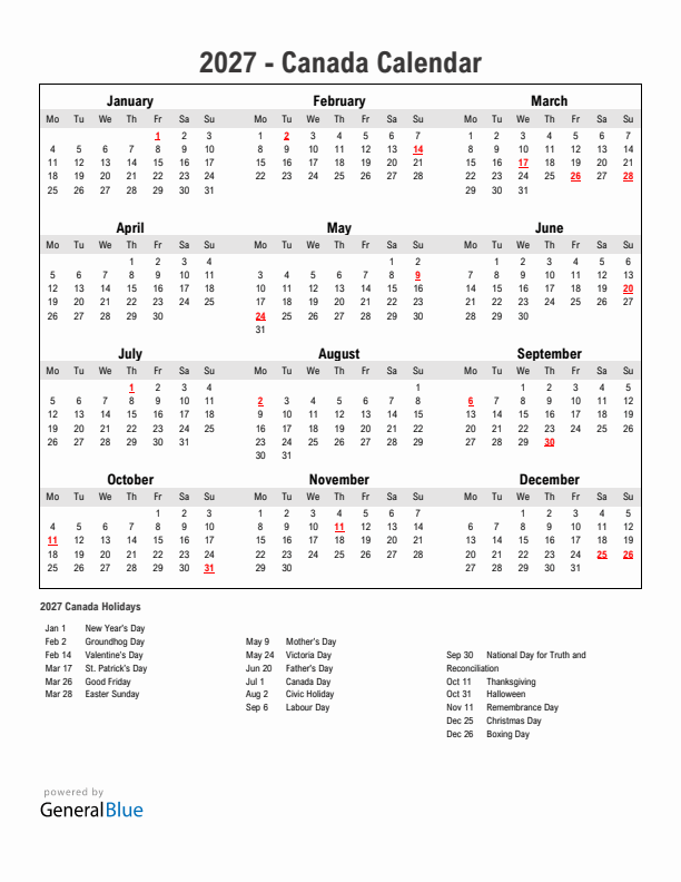 Year 2027 Simple Calendar With Holidays In Canada