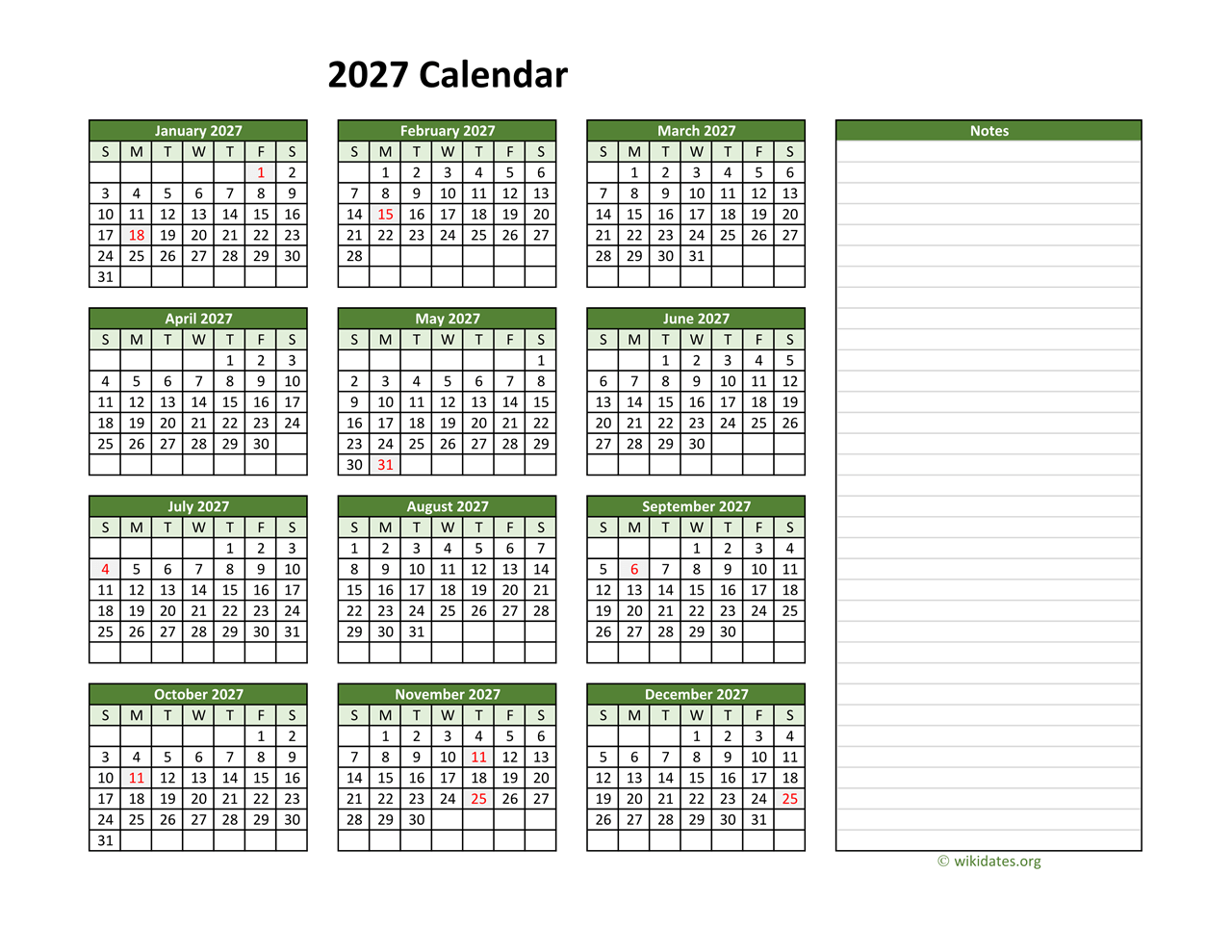 Yearly Printable 2027 Calendar With Notes WikiDates Yearly Printable 2027 Calendar With Notes WikiDates