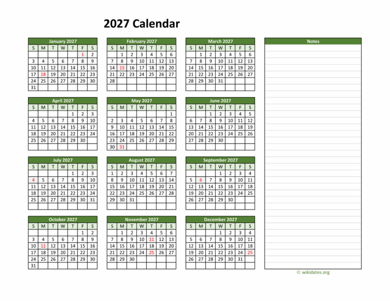 Yearly Printable 2027 Calendar With Notes WikiDates
